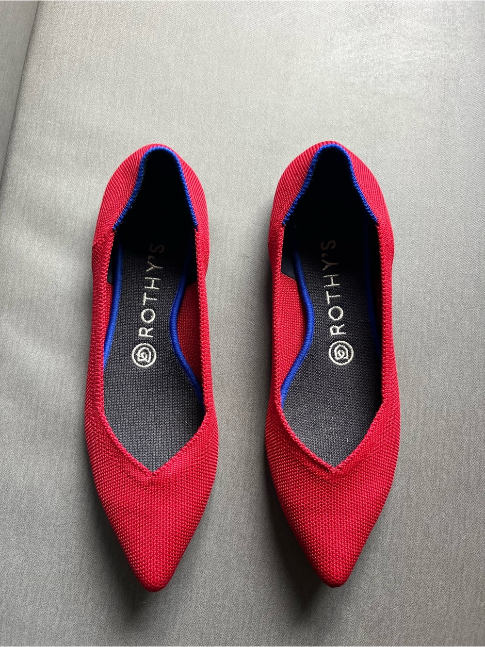 Rothy's Pointed Toe Flats in Bright Red with Blue Trim